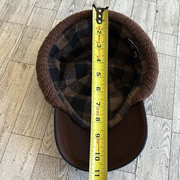 Ear-Flap Hat Blue Wool brown cableknit plaid flannel lined S/M Gap Vintage - Picture 11 of 12